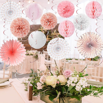 Vlipoeasn Pink White Rose Gold 18th Birthday Decorations, 18th Birthday Paper Lanterns, Tissue Pom Poms Fan,Honeycomb Ball, Happy 18 Year Old Party Supplies for Girls