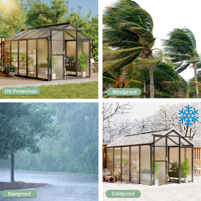 6x10 ft Outdoor Polycarbonate Greenhouse, Durable Aluminum Frame with Lockable Door, Adjustable Roof Vent, Ideal for Backyard, Patio, or Garden, All-Weather Green Houses for Outside Plant Growing