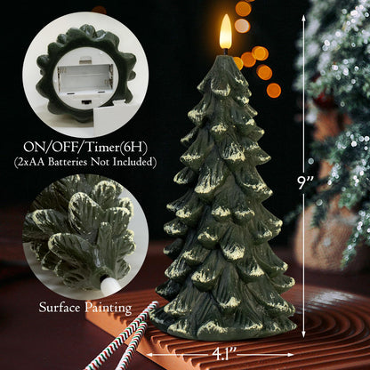 Yongmao Christmas Tree Shaped Flickering Flameless Candles, Green Real Wax Battery Operated LED Candles with Timer for Christmas Home Party Decoration Christmas Gift Set of 2