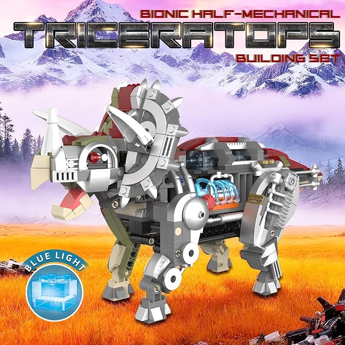 Mechanical Triceratops Dinosaur Building Set with Lights Rotatable Components &amp Display Stand STEM Building Set for Boys 8-14 Home Office Decor for Adults Mechanical Enthusiasts（715PCS）