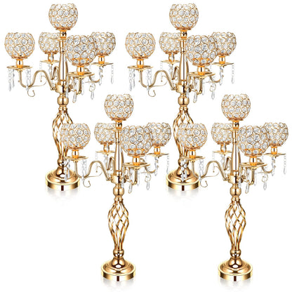 Nitial 4 Pcs 5 Arm Crystal Candelabra Centerpieces for Table 27 Inch Retro Victorian Crystal Candle Holders Bowl Table Centerpieces Decor for Wedding Banquet Valentine Dinner Party Event (Gold)