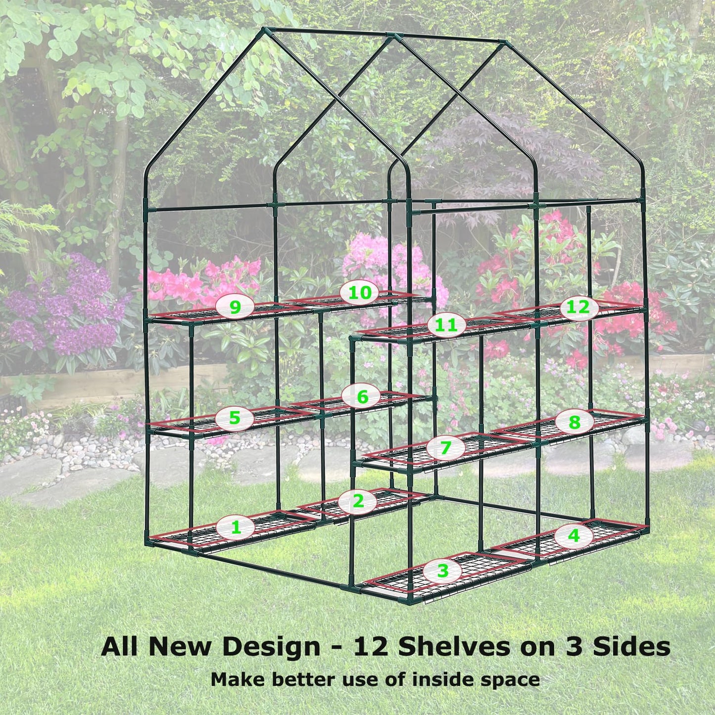 Purlyu Walk-in Greenhouse w/ Roll-Up Zipper Door & Screen Windows-3 Tiers 12 Shelves 56x56x76“ PE Greenhouse for Outdoor Gardening Plants Cold Frost Protection Wind Rain Proof(PLGHW002G-N)