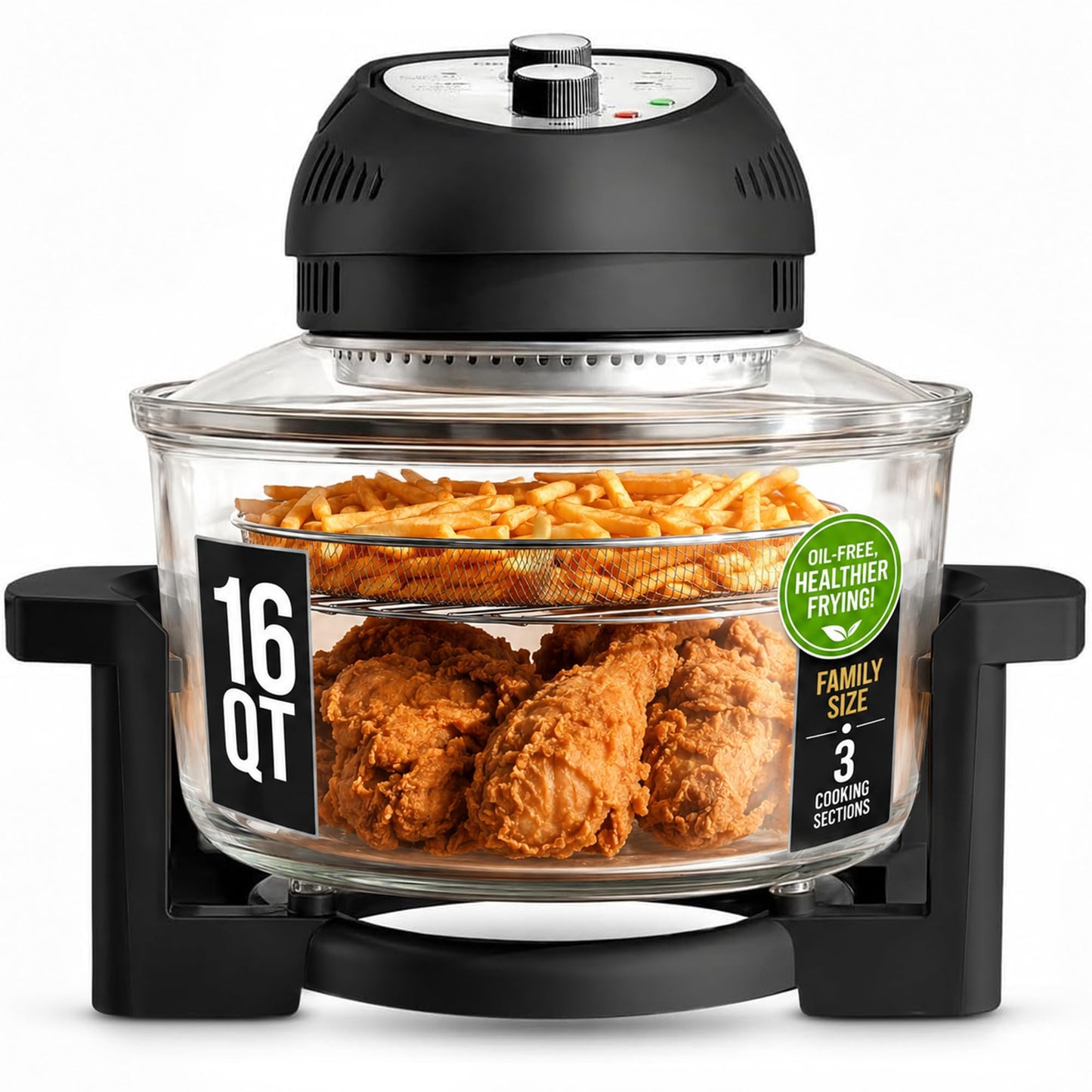 Granitestone 16 Qt Large Glass Air Fryer Non Toxic – Family Sized Airfyrer Cooker with 3 Cooking Sections, Stainless Steel Racks, No Preheat, Self Cleaning, Dishwasher Safe - Black