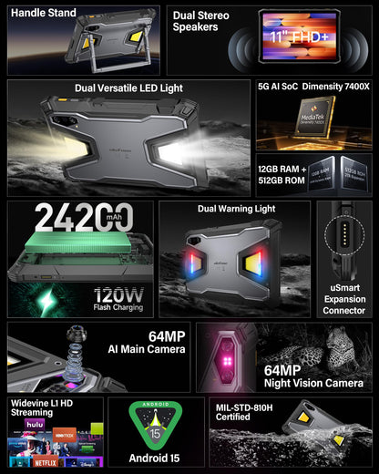 Ulefone Armor Pad 5 Pro 5G Rugged Tablet, Dimensity 7400X 32GB+512GB/2TB Expansion Android 15, 24200mAh(120W), 11" FHD+ Screen, IP68/69K, 64MP+64MP, 32MP, Dual LED Lights/Warning Lights, Widevine L1