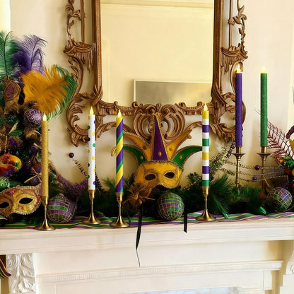 Honoson 6 Pcs Mardi Gras Flameless Taper Candles 10.6 Inch Purple Green and Gold Candles Battery Operated LED Candlesticks for Mardi Gras Dinner Table Centerpiece Indoor Outdoor Party Home Decor