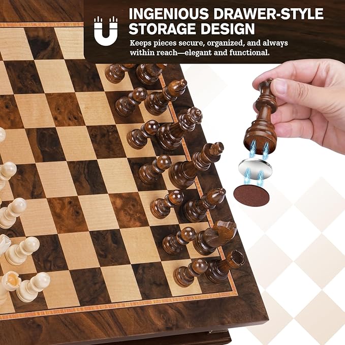 Peradix Magnetic Chess Set with 2 Built-in Storage Drawers 12 inch Wooden Strategy Board Games 2 Extra Queens Travel Magnet Chess Game for Adults Kids and Family Game Night Gift Package