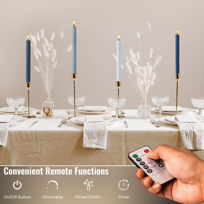WYZworks Coordinated Blue Dawn Overcast Blues 4 Pack, 10" Real Wax LED Flameless Fluted Ribbed Grooved Taper Candles, Remote & Timer Memory, On/Off Button, Dimmable, Battery Operated, Menorah Wedding