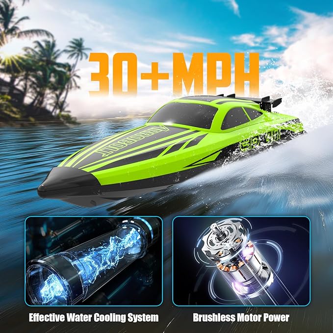 volantexrc Brushless RC Boats for Adults 30+MPH Fast Remote Control Boat with 2 Rechargeable Batteries for Lakes 30+ Mins Full Proportional Boats High Speed RC Boat for Adults (79705 Green)
