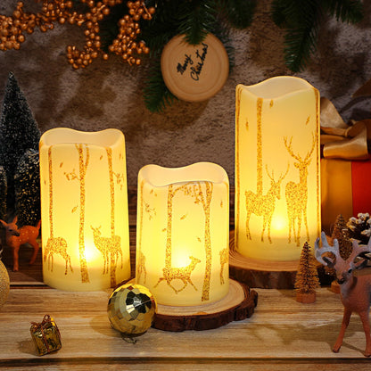 VIHOSE Set of 3 Reindeer Christmas Flameless Candles Battery Operated Realistic Flickering LED Pillar Candle Warm Light Gold Deer LED Candles for Christmas Indoor Holiday Decorations