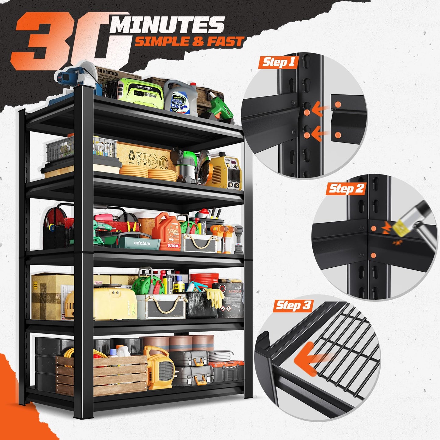 LLIIFFEE Garage Shelving, 5-Tier Garage Storage Shelves, 2000LBS Heavy Duty Shelves, 72" H x 59" W x 19.6" D Metal Shelving Unit, Utility Adjustable Storage Shelf for Warehouse, Basement, Closet