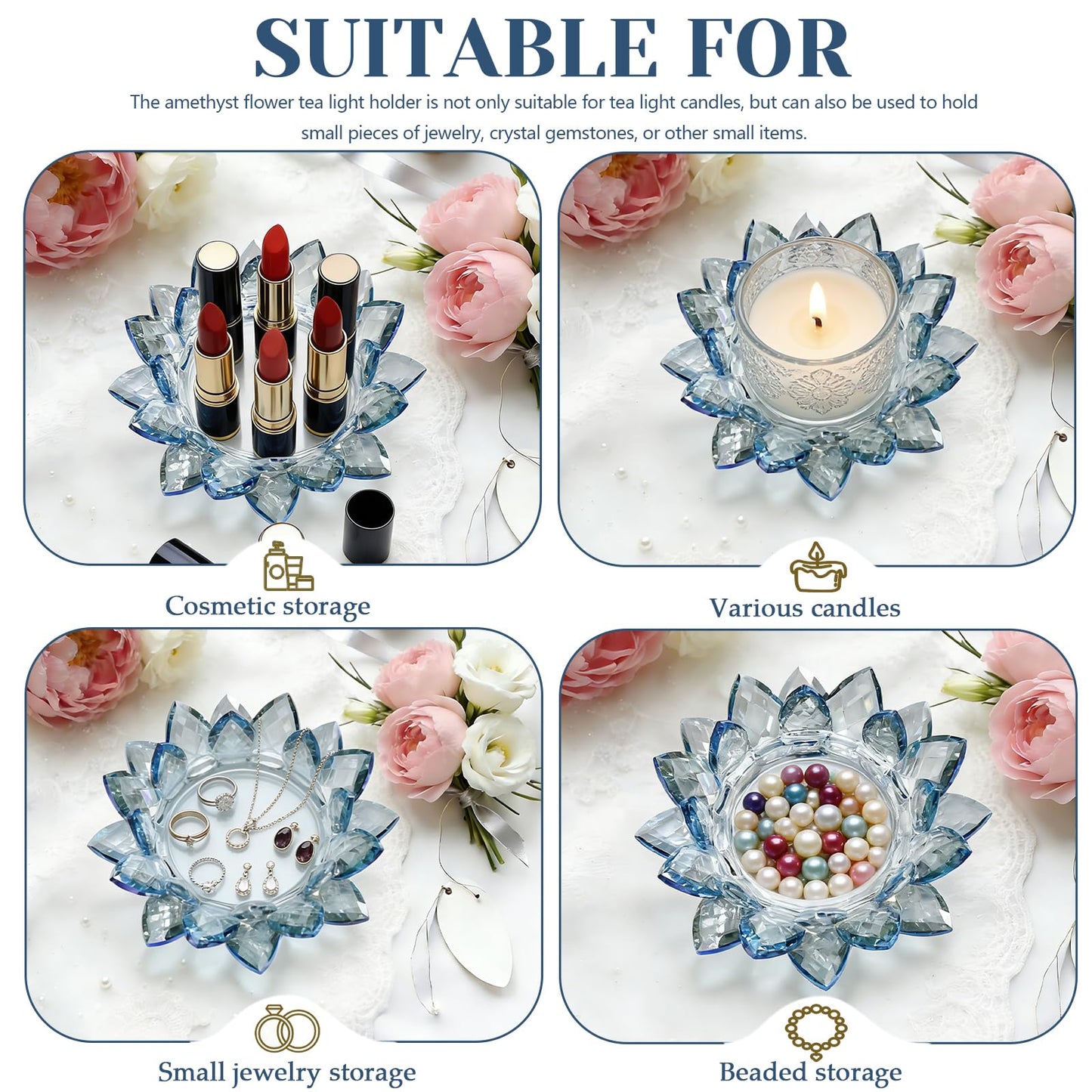 Kolnlala Large Crystal Lotus Tealight Candle Holder for Up to 6" Diameter Pillar Candlestick, Chunky Glass Votive Stand for Wedding, Party, Table Centerpiece Decor and Yoga Meditation (1, Blue)