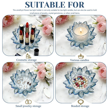 Kolnlala Large Crystal Lotus Tealight Candle Holder for Up to 6" Diameter Pillar Candlestick, Chunky Glass Votive Stand for Wedding, Party, Table Centerpiece Decor and Yoga Meditation (1, Blue)