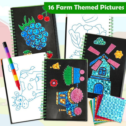 FUNNYB&G Foil Art Craft Kit for Girls 4-10 Years Old: Mess-Free & No-Glue, Create 16 Sparkly Farm Pictures – Perfect Travel Toy & Birthday Gift for Kids（Farm