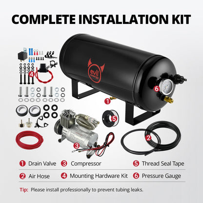 EVIL ENERGY 2 Gallon Air Tank and Compressor Kit 6 Ports 1/4" NPT 150PSI Rated 12V Compressor Air Tank for Air Horn, Inflating Tires, Car, Truck, Suspension Systems, Train Horn, DIY Pneumatic Tools