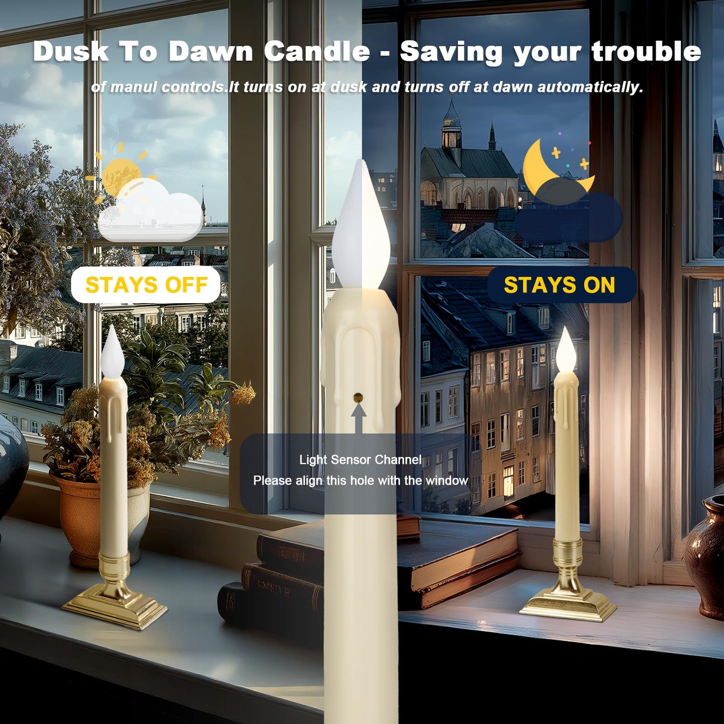 Meigic 6 Pcs Sensor Dawn to Dusk Window Candles, Flickering Battery Candles for Windows, Ultra Bright Fake Candle Lights with Black Holders, Led Candlesticks for Xmas Home Decor, White Light