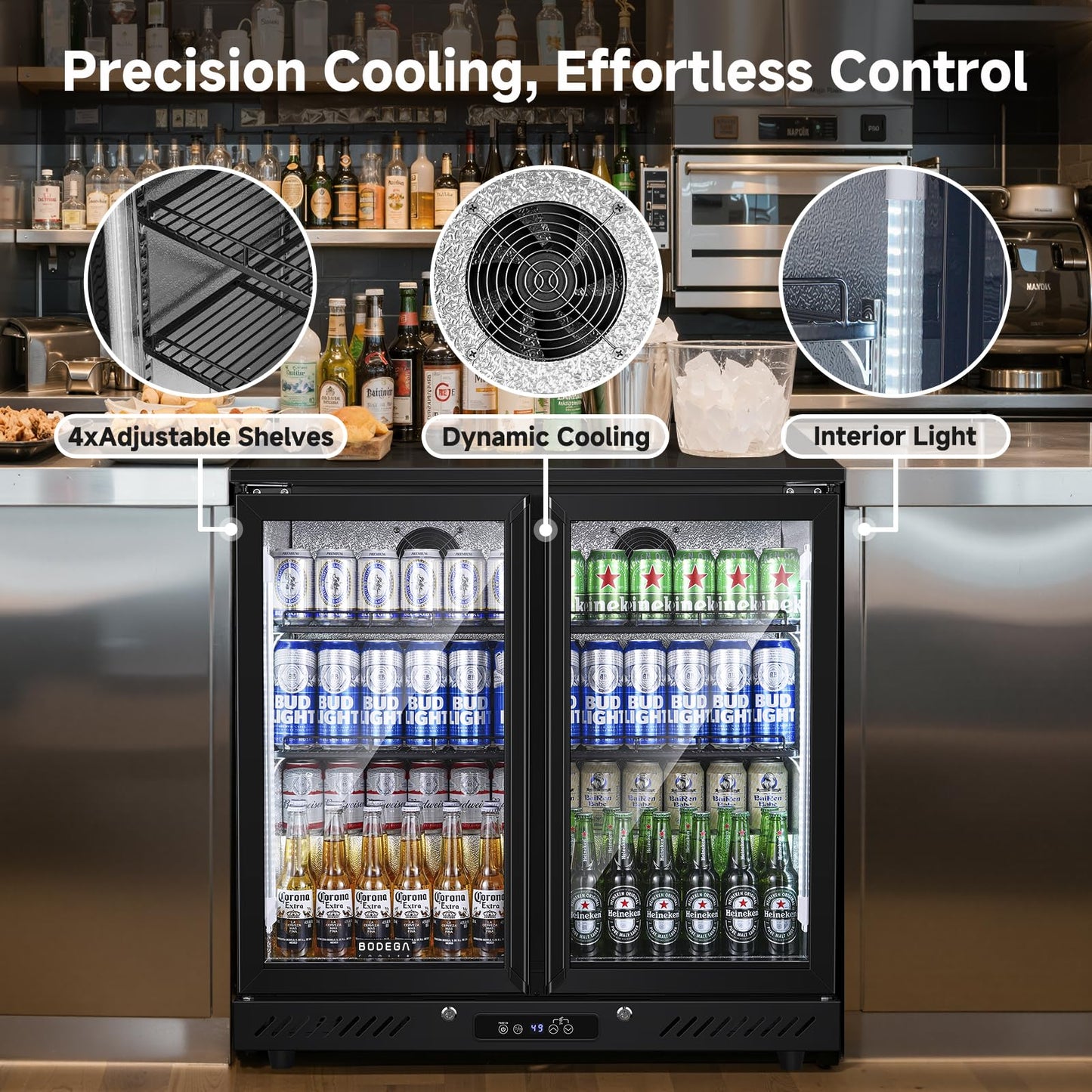 BODEGACOOLER 2 Door Back Bar Cooler, 7.4 Cu.Ft Commercial Beverage Refrigerator, Under Counter Drink Fridge with Glass Doors, Holds 209 Cans/117 Bottles, LED Lighting, Stainless Steel Top & Casters