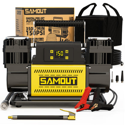 SAMOUT 12V Digital Air Compressor, Offroad Portable Inflator 12.3 CFM, Air Pump Max 150PSI for Heavy-Duty Tires, with LCD Control Panel to Preset Target Pressure, 4x4 Vehicle, SUV, RV