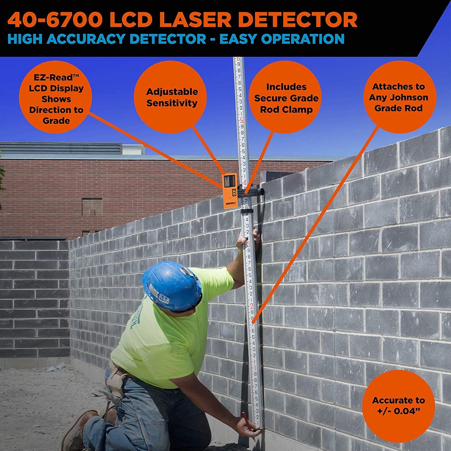 Johnson Level & Tool 40-6700 One­Sided Laser Detector w/Clamp for Red Beam Rotating Lasers, 6.50" x 2.50", Red Beam, 1 Laser Detector,Orange