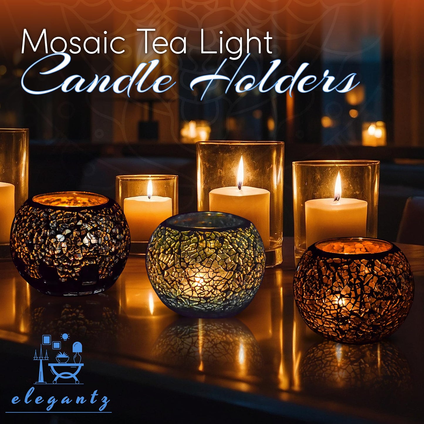 ELEGANTZ Tealight Candle Holder Centerpiece Table Decorations Luxury Mosaic Glass Candle Holder Dining Table Centerpiece Decor Elegant and Modern Tea Lights - Set of 2