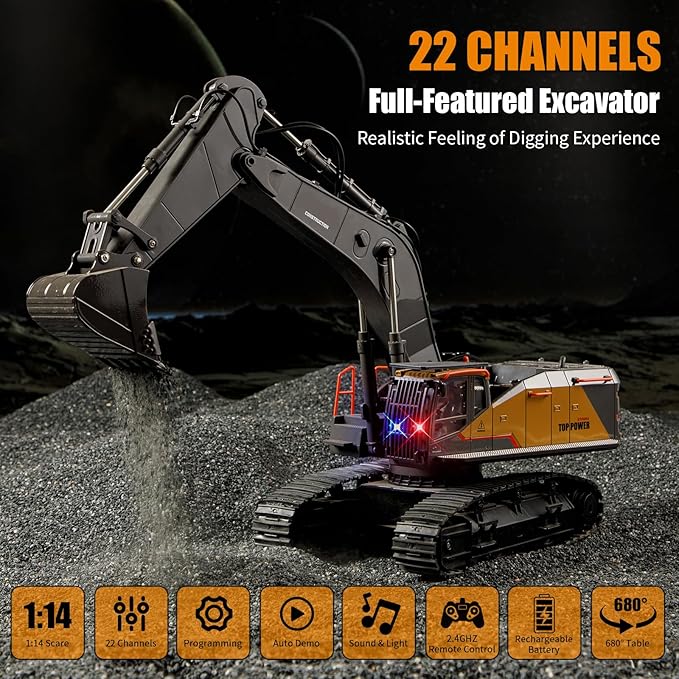 20.4 Inch 22 Channels Remote Control Excavator Truck 1/14 Scale Metal Shovel Independent Arms RC Digging Machine Metal Alloy Construction Vehicles Toy for 14y+ Beginners