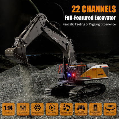 Ssccgym 20.4 Inch 22 Channels Remote Control Excavator Truck 1/14 Scale Metal Shovel Independent Arms RC Digging Machine Metal Alloy Construction Vehicles Toy for 14y+ Beginners