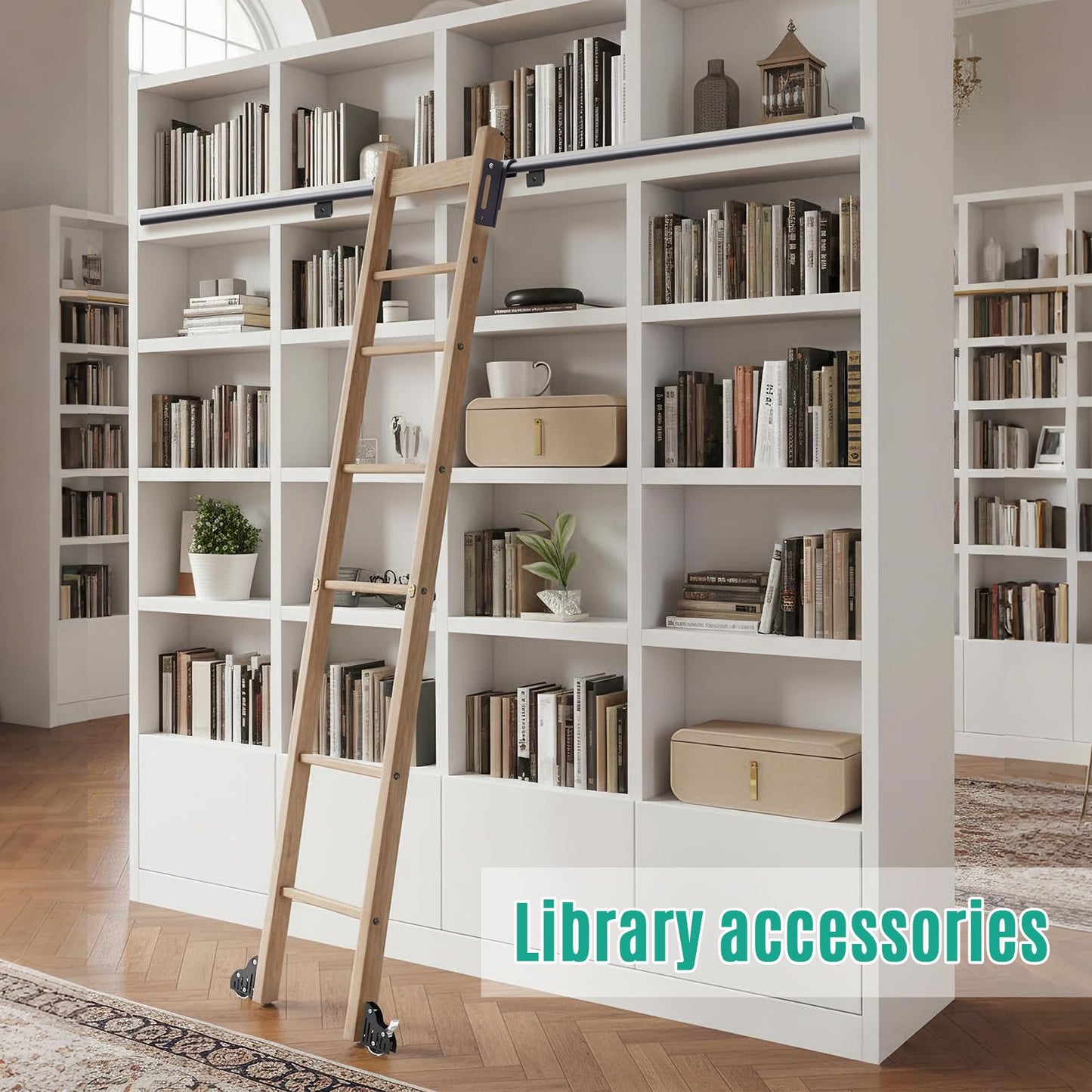Zonon 10 ft Rolling Library Ladder Hardware Kit Includes Telescope Hook for Sliding Library Ladder 300lb Bottom Wheel with Brake Load Capacity for Stair Bookshelf Fit Thickness 1-1/8" Stepladder