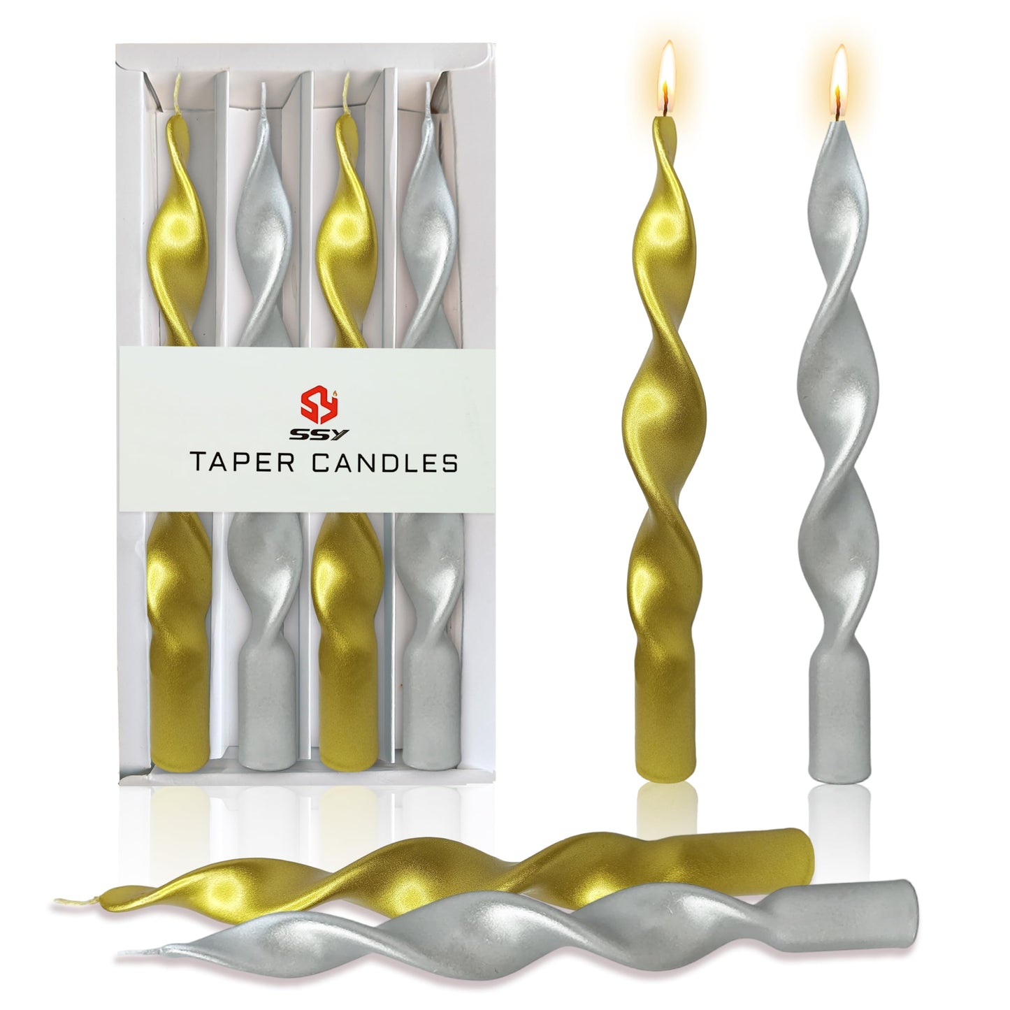 10 Inch Gold & Silver Metallic Spiral Candles Set of 2, Handmade Unscented Taper Candles, Twisted Candles, Elegant Candle Sticks for Wedding Dinner Table Home Decor