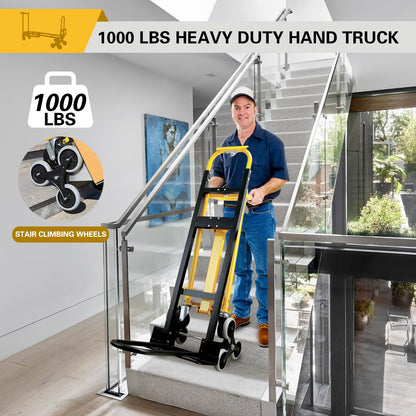 Southhelp 1000 LBS Industrial Convertible Hand Truck,3 in 1 Stair Climbing Dolly Cart,Stair Dolly Climber Heavy Duty with Solid Wheels for Moving,Transport in Warehouse,Office(Yellow)