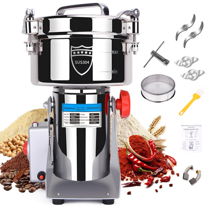 Greatrue 2000g Electric Grain Mill Grinder, 304 Stainless Steel Flour Mill, 3600W High Speed Spice Grinder, Electric Grain Mill for Dry Wheat, Oats, Corn, Pepper and Coffee Beans