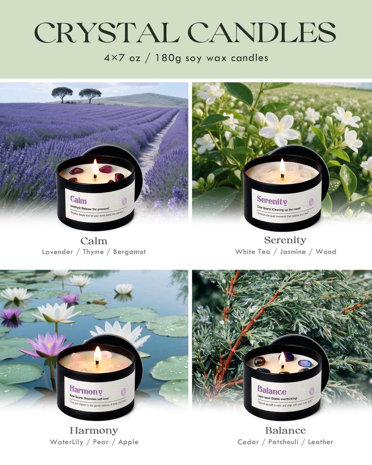 AOOVOO Crystal Soothing Candles Set for Women - 4 Pack 26 oz Soy Wax Candle for Home Scented, 200 Hour Long Lasting Candle, Calm Amethyst/Serenity Clear Quartz/Harmony Rose Quartz/Balance Lapis Lazuli