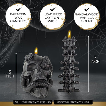 Kobi & Knight Black Skull Candle Set - Goth Candle with Snake and Spine in Coffin Gift Box - Gothic Candles for Spooky Halloween Decorations - Creepy Candles for Goth Decor