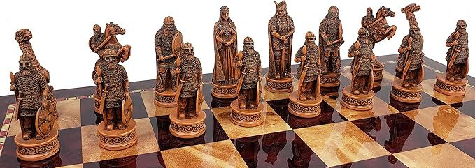 Antique Ivory &amp Brown Norse Viking Chess Set with 18 inch Cherry Color Board