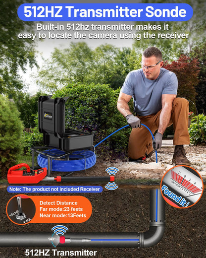 Anysun Sewer Camera with 512hz sonde, Self Leveling Sewer Inspection Camera 100ft with 7MM Cable and Meter Marker, 9'' Monitor and DVR, 12 Adjustable Lights(32GB Card)
