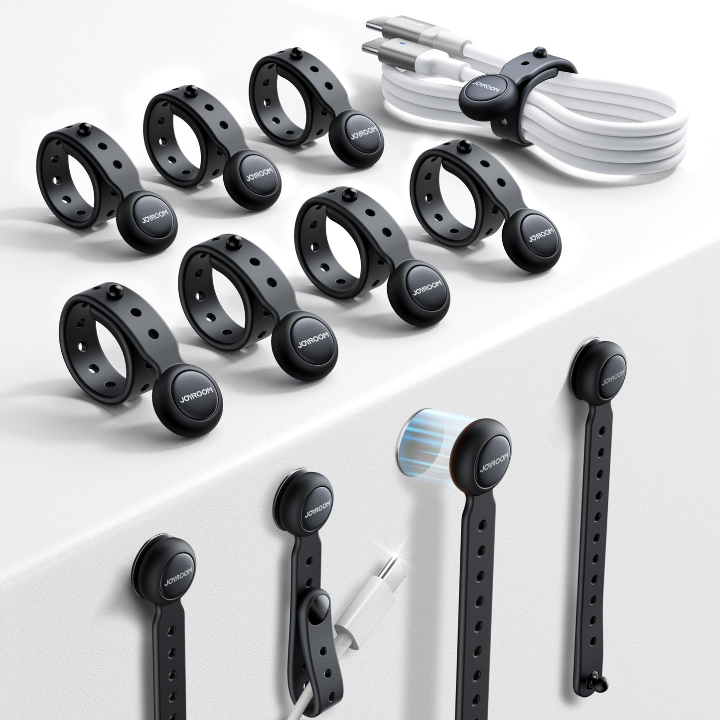 2025 Upgraded Magnetic Cable Ties with Magnets for Bundling & Cable Management– JOYROOM Reusable Silicone Cord Ties Multi-Purpose Cord Organizer Clips for Home, Office & Travel (12-Pack,Black)