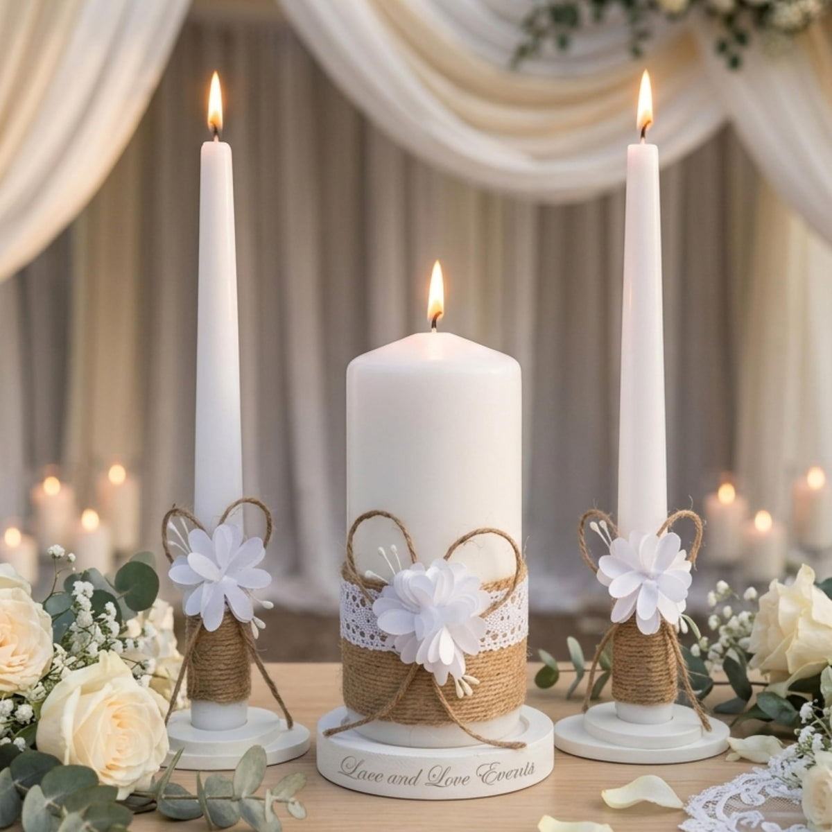 Magik Life Unity Candle Set - Wedding Ceremony & Reception – 6” Pillar & Two 10” Taper Candles – Long Burning Wedding Unity Candles for Marriage Ritual – Home Decor- Handmade in USA – White | Rustic