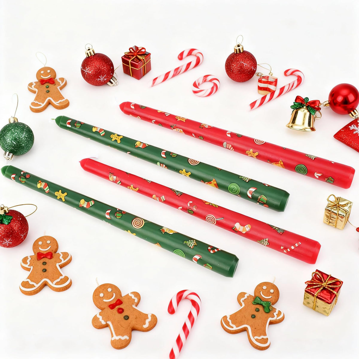 W&LESVAGO 10 Inch Christmas Print Taper Candles Set of 4, Hand-Printed Trees/Bell Patterns, Unscented Long Candlesticks for Dinner Tables & Festive Decorations