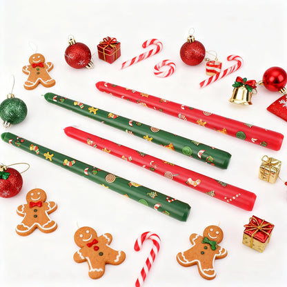 W&LESVAGO 10 Inch Christmas Print Taper Candles Set of 4, Hand-Printed Trees/Bell Patterns, Unscented Long Candlesticks for Dinner Tables & Festive Decorations