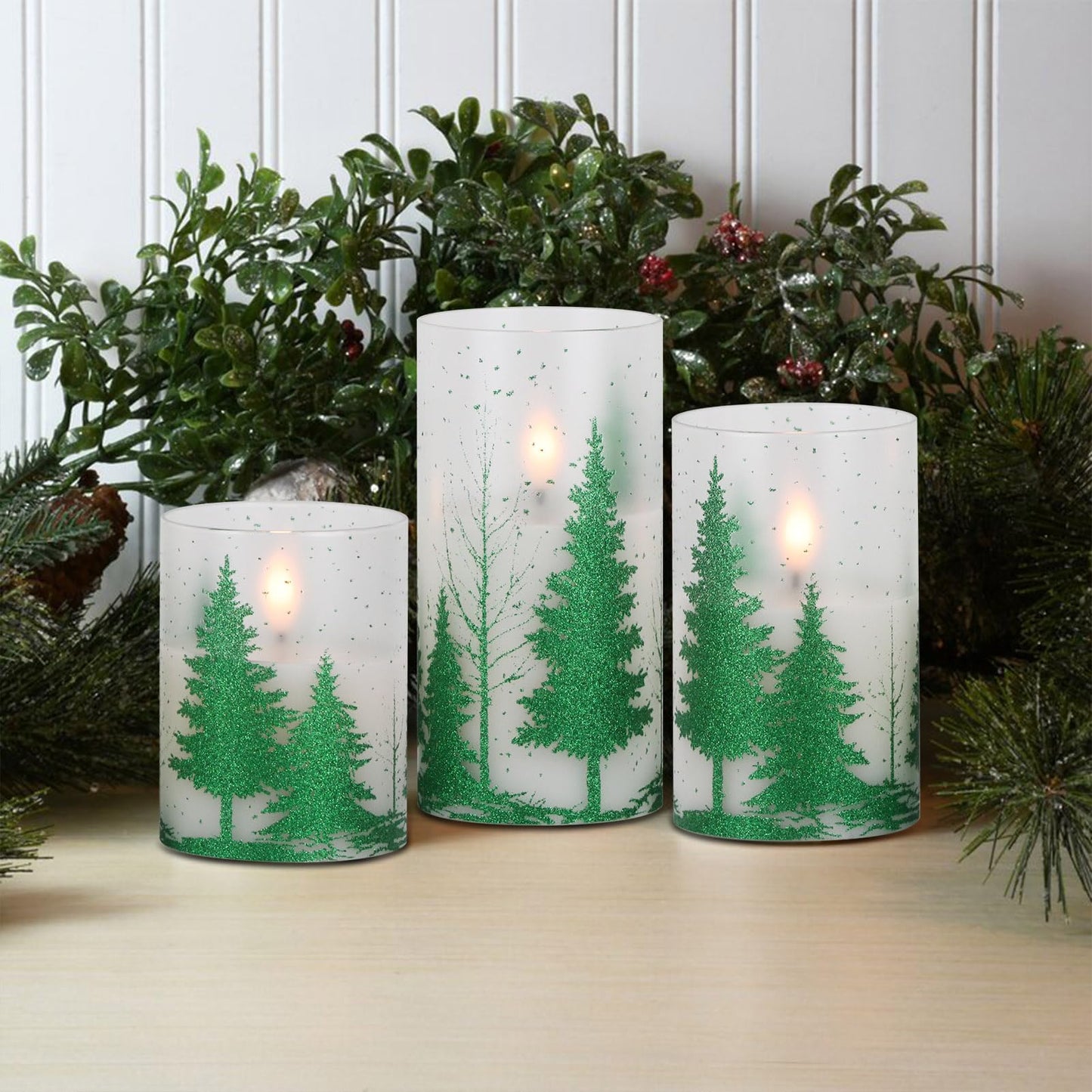 DRomance Christmas Tree Glass Flameless Candles with Remote Timer Battery Operated Real Wax 3D Wick LED Flickering Pillar Candles Christmas Holiday Decor(Green, 3 x 4,5,6 Inch)