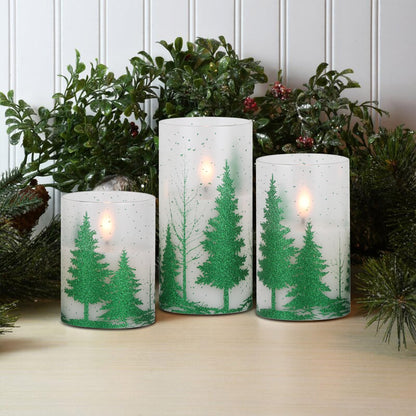 DRomance Christmas Tree Glass Flameless Candles with Remote Timer Battery Operated Real Wax 3D Wick LED Flickering Pillar Candles Christmas Holiday Decor(Green, 3 x 4,5,6 Inch)