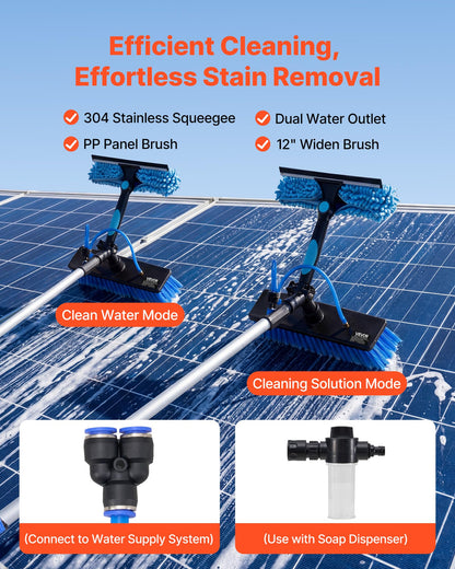 VEVOR Solar Panel Cleaning Kit, 26 ft, Water Fed Pole Kit with Cleaning Brush, Soap Dispenser, Extendable Aluminum Telescopic Pole, 180° Rotatable Brush Head, for Roof Mounted Solar Panels, Windows