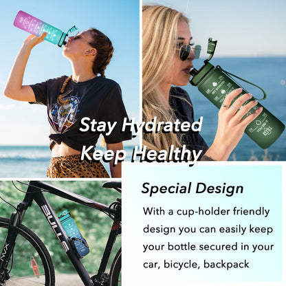 Enerbone 32 oz Water Bottle, Leakproof BPA & Toxic Free, Motivational Water Bottle with Times to Drink and Straw, Fitness Sports Water Bottle with Strap for Office, Gym, Outdoor Sports, Hunter Green