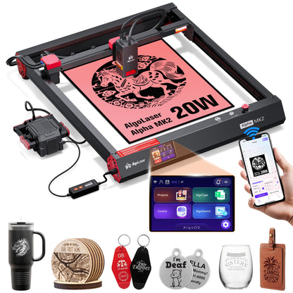 AlgoLaser Smart Laser Engraver, 20W Class 1 Laser Ccutter Machine, Built-in System, no Computer Required, Works on Metal, Wood, Acrylic, Leather, Includes air Pump Accessory.