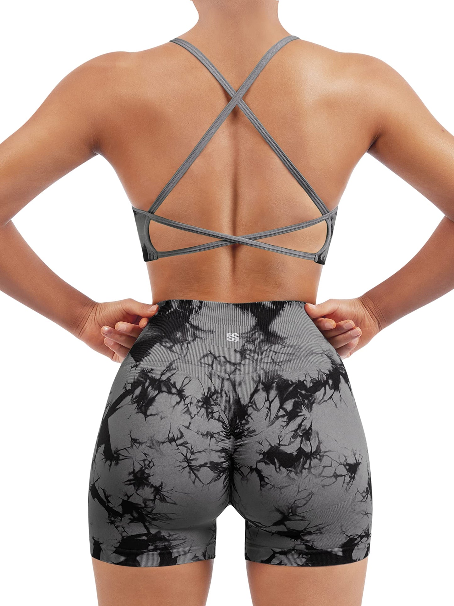 SUUKSESS Women Seamless 2 piece Workout Sets Strappy Padded Sports Bra Booty High Waisted Shorts Outfits (Black Grey,L)