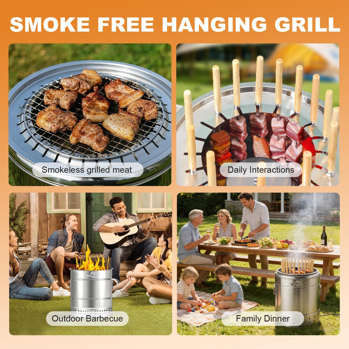 WILLBBQ Large Hanging Charcoal Grills, 360° Barrel Smoker, Stainless Steel Double-Wall Insulated, Portable for Outdoor Camping Patio (Silver)