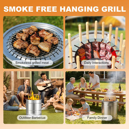 WILLBBQ Large Hanging Charcoal Grills, 360° Barrel Smoker, Stainless Steel Double-Wall Insulated, Portable for Outdoor Camping Patio (Silver)