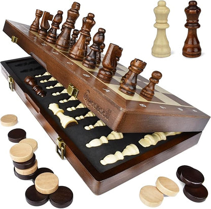 2 in 1 Magnetic Chess Set &amp Checkers Board Game for Adults and Kids - 15 Chess Tournament Chessboard with Magnetic Pieces - Free E-Book with Chess Puzzles