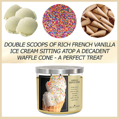 King of Candle - Vanilla Waffle Cone Candle | Large 3 Wick Highly Scented Soy Wax/Long Lasting/Vanilla Bean Ice Cream Scented Candle | 14 oz + Decorative Lid