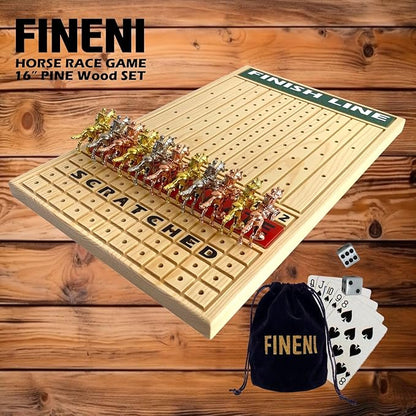 Racing Game for Adults With 11 Luxurious Metal Horses (Silver Black Rose Gold) 16 Pine Wood Race Game Board Dice &amp Card Included (Log Color)