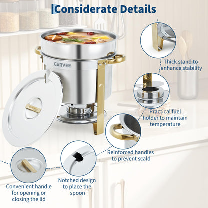 GarveeHome 7QT Round Soup Chafer Sets of 4, Commercial Soup Warmer with Pot, Notched Lids & Fuel Holders, Stainless Steel Food Warmer for Buffets Parties Wedding Banquets Catering, Gold