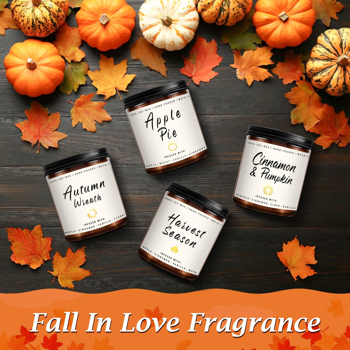 Auelife Fall Candle Set | 8 Pack Scented Candles for Home - Candle Gifts for Women Men, Soy Candles Home Scented | Autumn Fragrance of - Apple Pie/Cinnamon/Harvest/Wreath